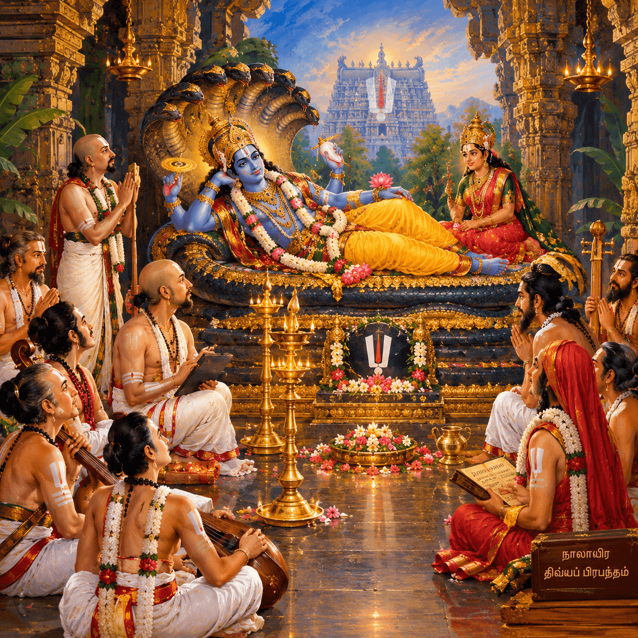 The 12 Azhwars gathered in devotion around Lord Vishnu and Lakshmi